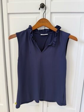 Navy Sleeveless Ruffle Neck Top